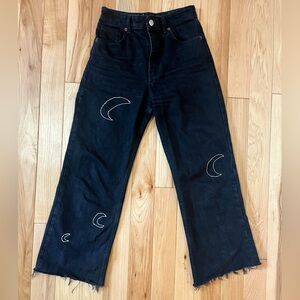 ZARA Black High-waisted Wide-leg Jeans with white embroidered moon detail